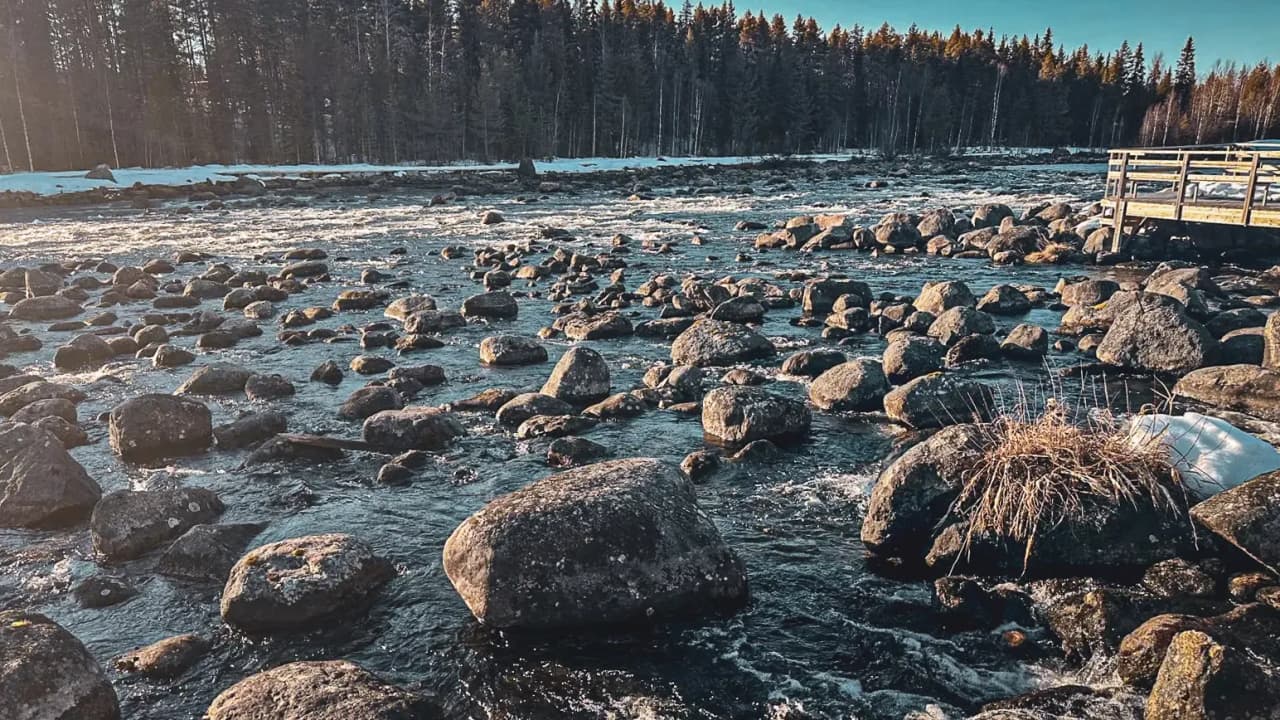 Een rivier omzoomd met grote rotsen, omringd door bossen, een uitnodiging tot avontuur in Zweeds Lapland.
