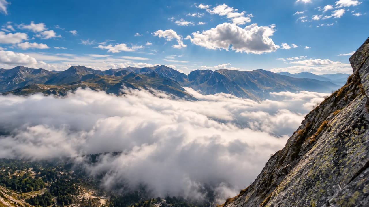 Spectaculair uitzicht op de Pyreneeën, majestueuze bergen die onder een stralende hemel uit de wolken oprijzen.