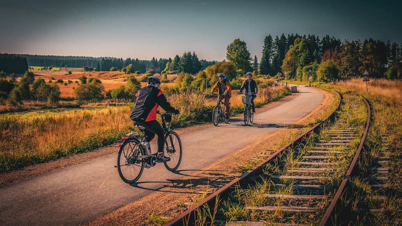 Drie fietsers op een schilderachtige weg, omringd door gouden velden en weelderige groene bossen.