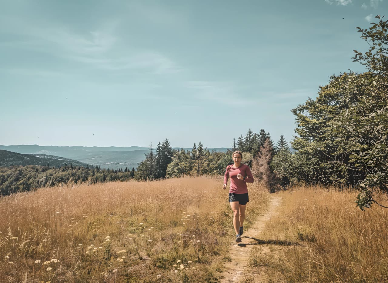 A runner on a green Jura trail, with a clear view of the mountains in the distance.