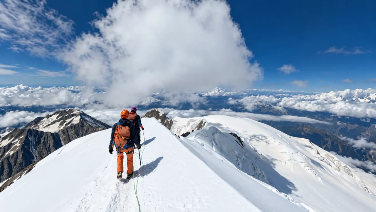 Deux alpinistes progressent sur un sommet enneigé, avec un ciel bleu et des montagnes à perte de vue.