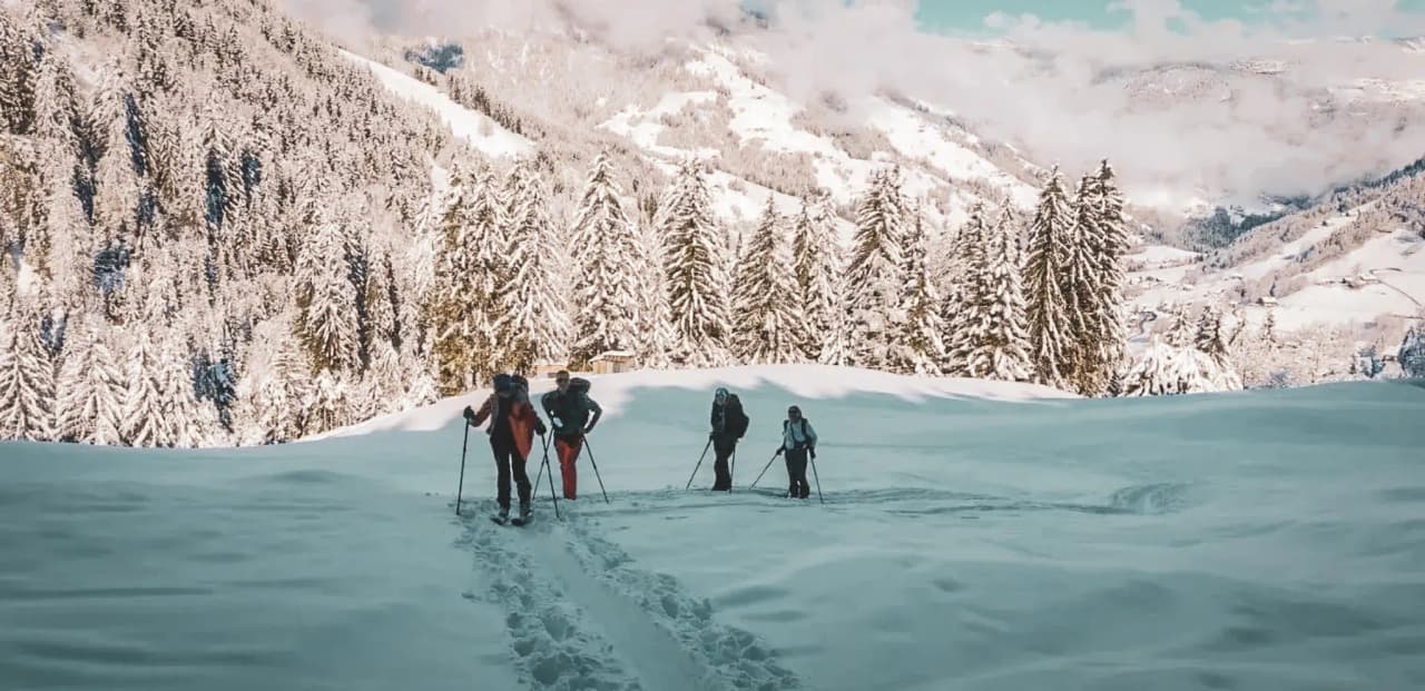 A group of skiers on a ski tour through a snow-covered landscape, with majestic mountains in the background.