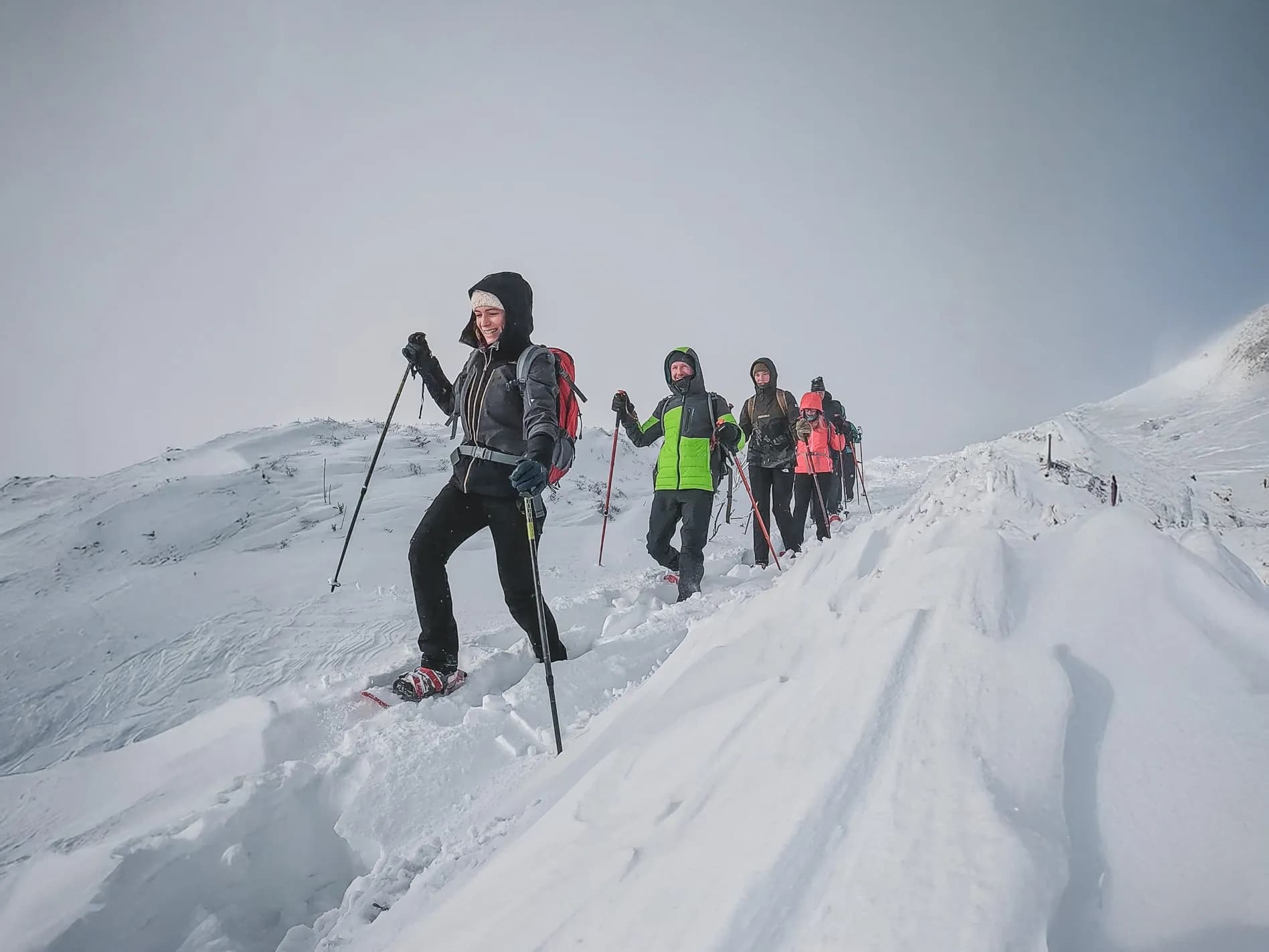 Een groep sneeuwschoenwandelaars baant zich vrolijk een weg door de sneeuw in de Vogezen.