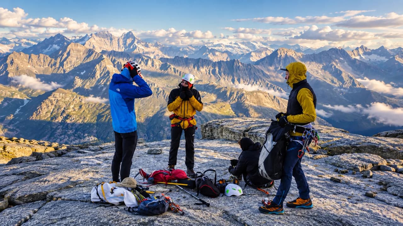 Quatre alpinistes sur un sommet majestueux, entourés de montagnes éblouissantes au lever du soleil.