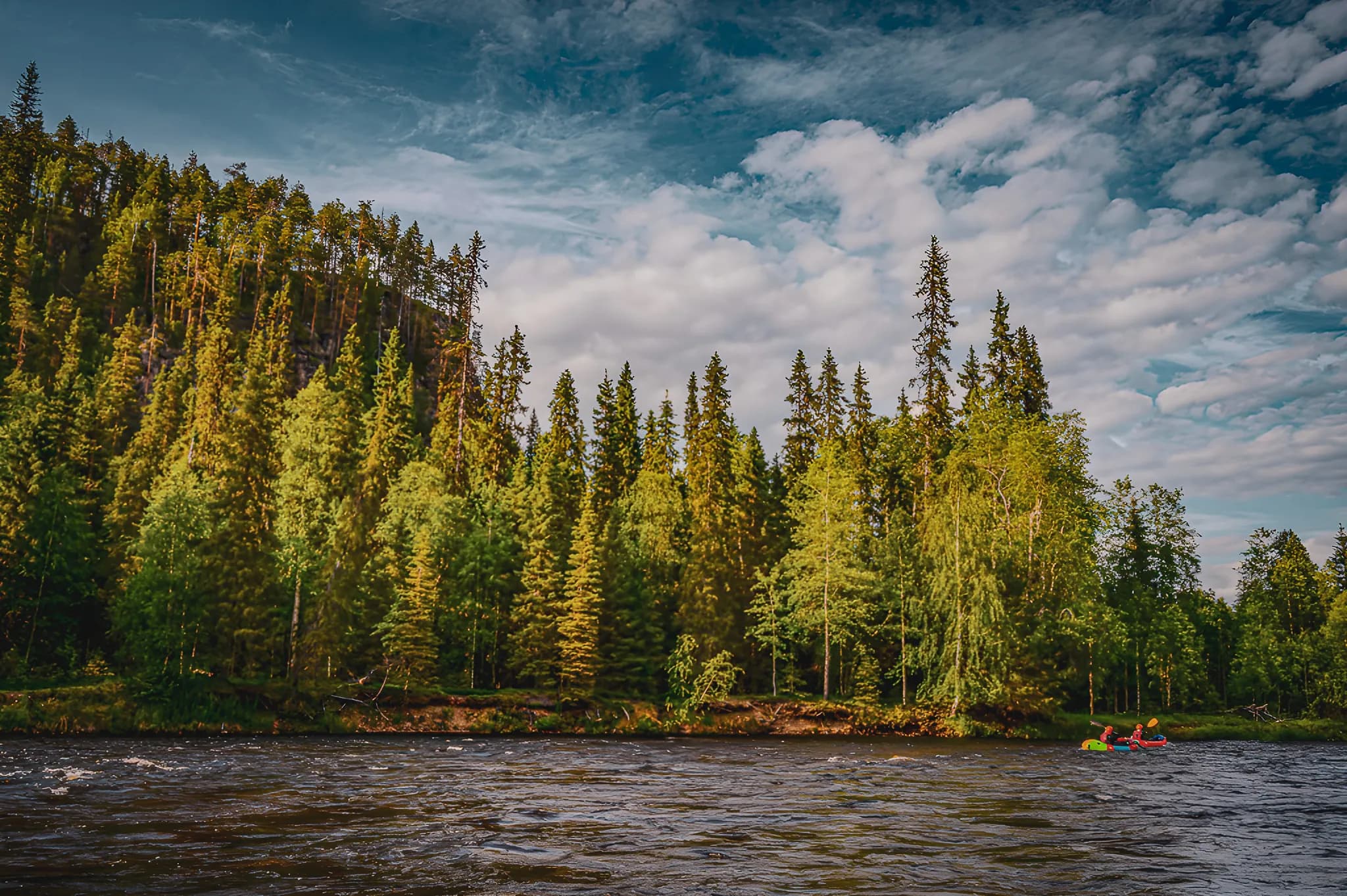 Wild rivers meander through the heart of Lapland, surrounded by lush green forests.