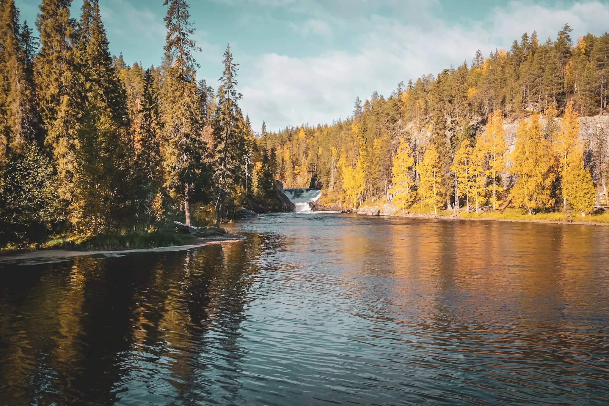 A soothing natural landscape with a calm river surrounded by woodland. Trees, mainly conifers and a few broadleaves, stand on either side, displaying golden autumn hues. Visit