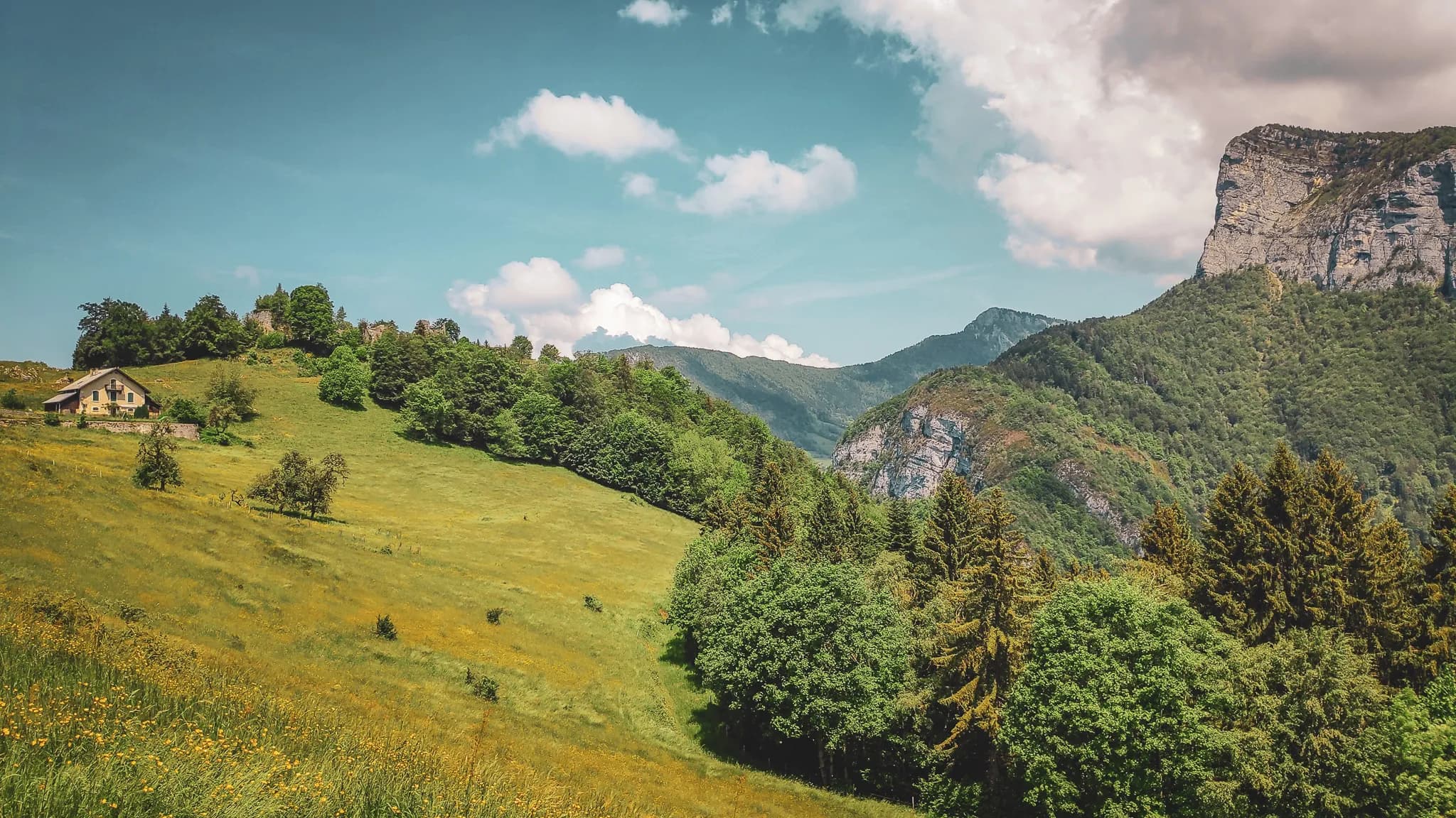 Un paysage verdoyant s'étend sous un ciel bleu parsemé de nuages. Sur la gauche, une maison de style chalet est nichée sur une colline, entourée de verdure et de quelques arbres. Au loin, des montagnes