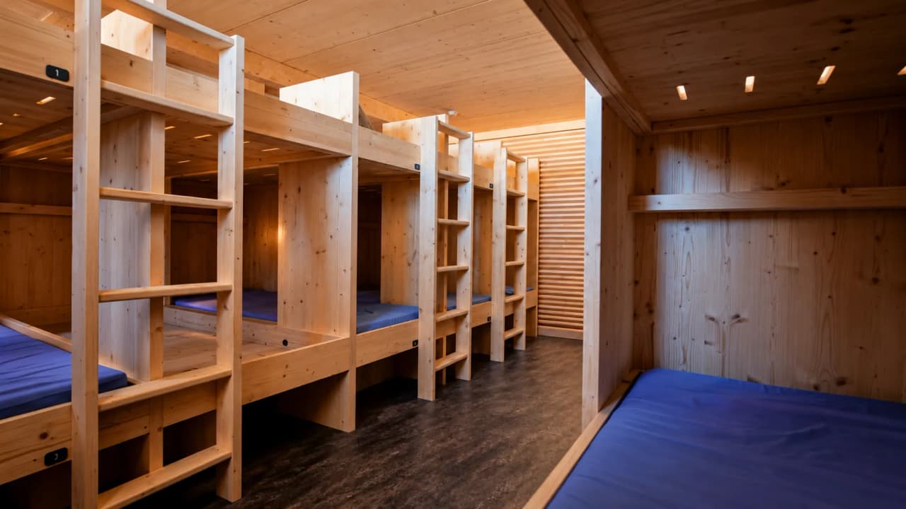 Chambres en bois chaleureuses avec lits superposés, parfaites pour se reposer après l'effort.