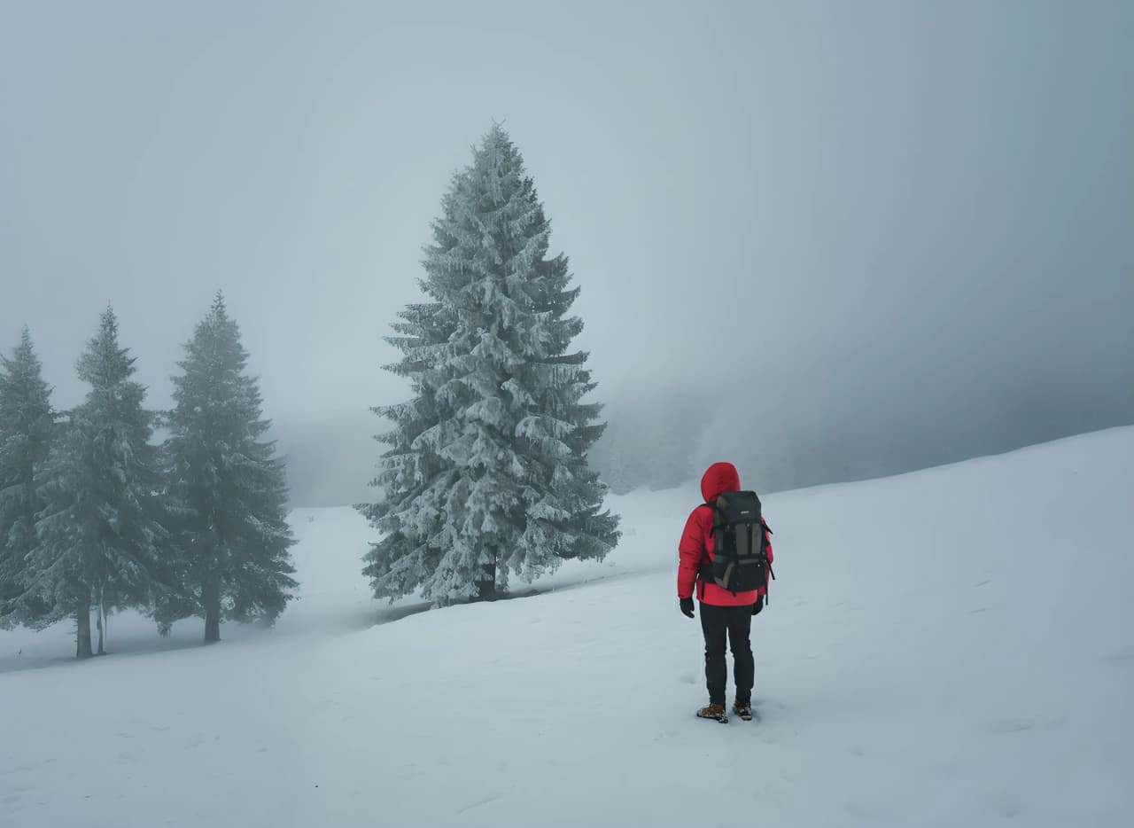 Randonneur en manteau rouge face à un paysage enneigé et brumeux des Bauges, invitation à l'aventure.