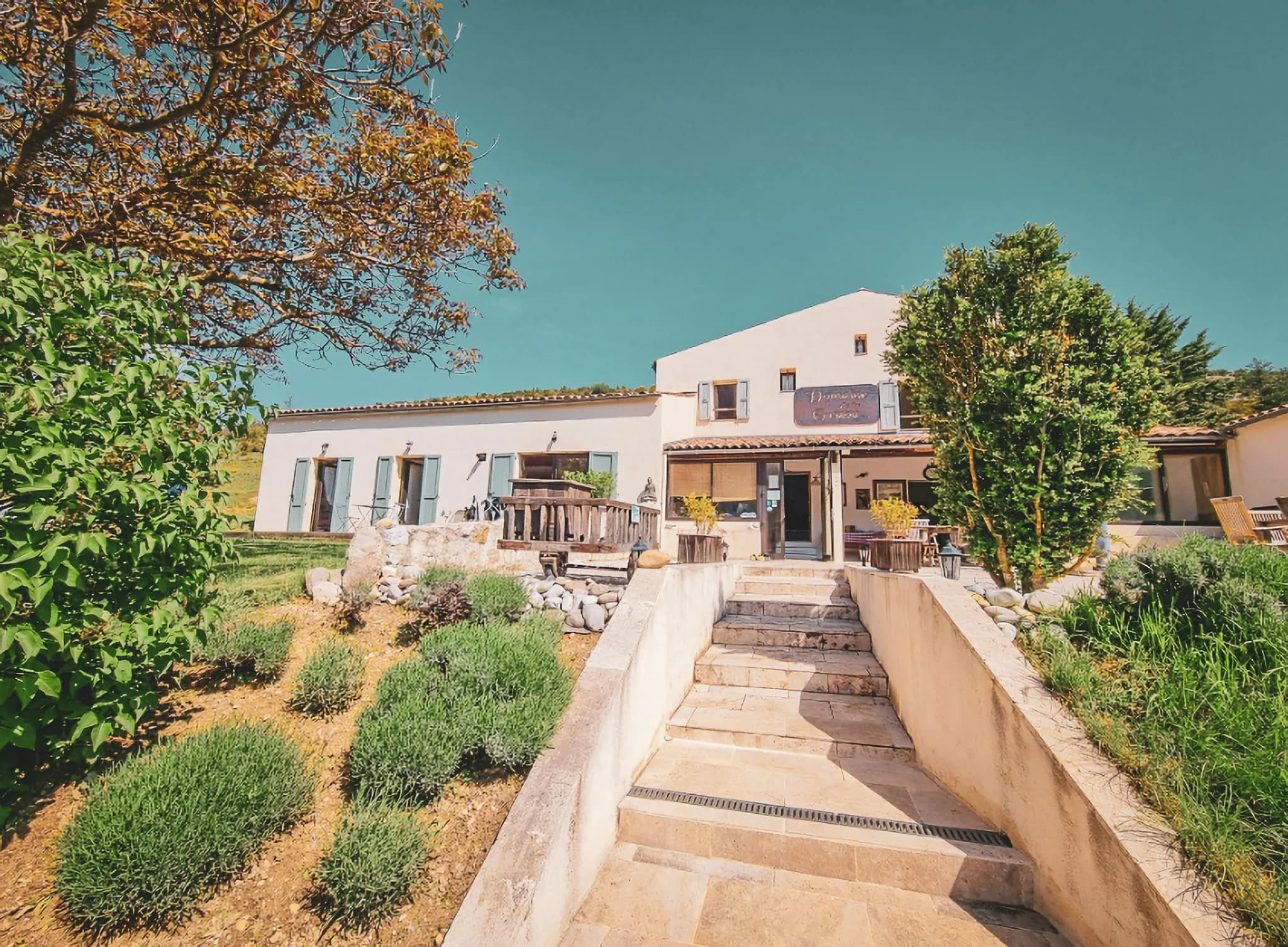 A welcoming building with a porch and a sign reading "Domaine des Cèdres". Stone steps lead up to the entrance, surrounded by lush green lawns and well-tended lavender.