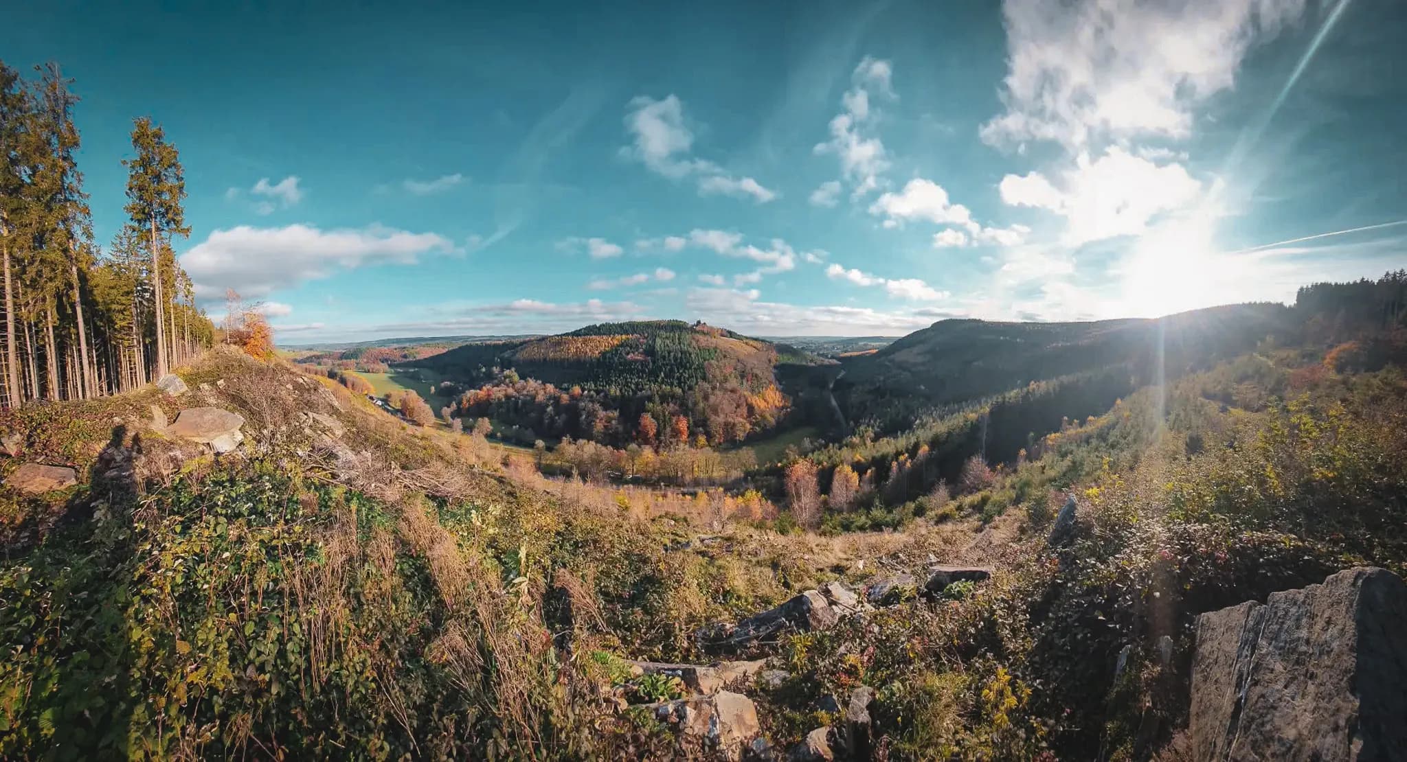 A panorama of green hills, dotted with trees in autumn foliage. The sky is clear, with a few clouds and a gentle sun shining on the horizon. In the foreground,