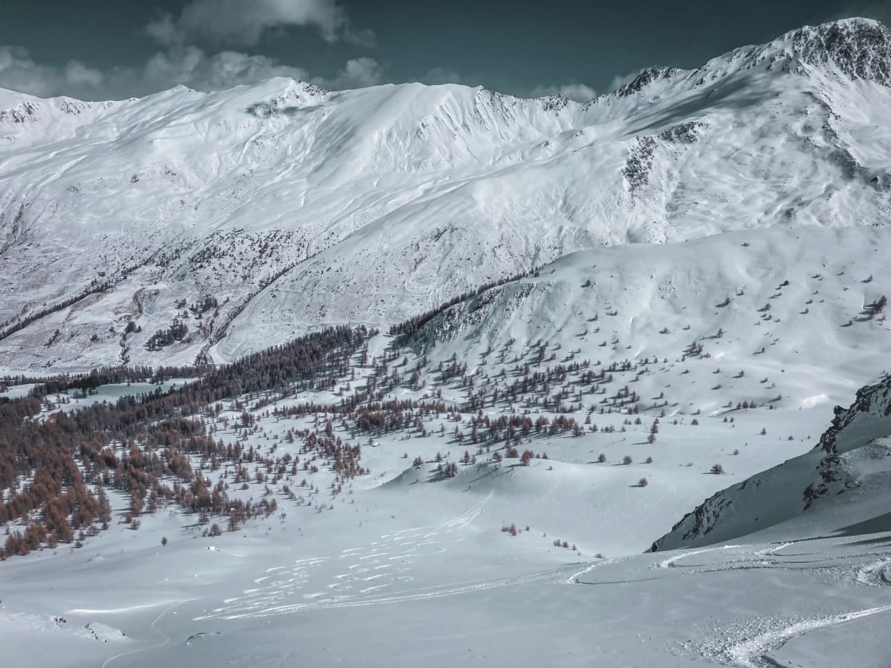 Un paysage enneigé des crêtes du Queyras, idéal pour le ski de randonnée et l'aventure.