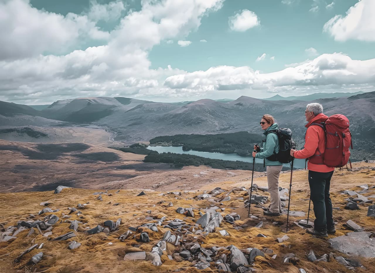 A peaceful walk in the Scottish Highlands, with breathtaking panoramas.