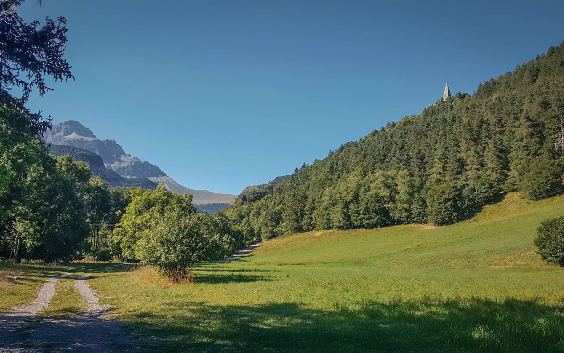 A dirt track winds through lush green meadows, surrounded by dense foliage and a few trees. In the background, a majestic mountain dominates the landscape, with rocky peaks and wooded slopes.