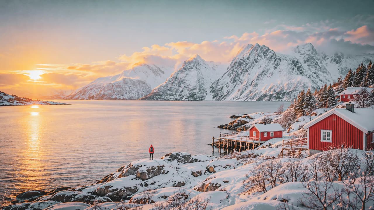 Sunset over snow-covered fjords, with picturesque red houses and an adventurer.