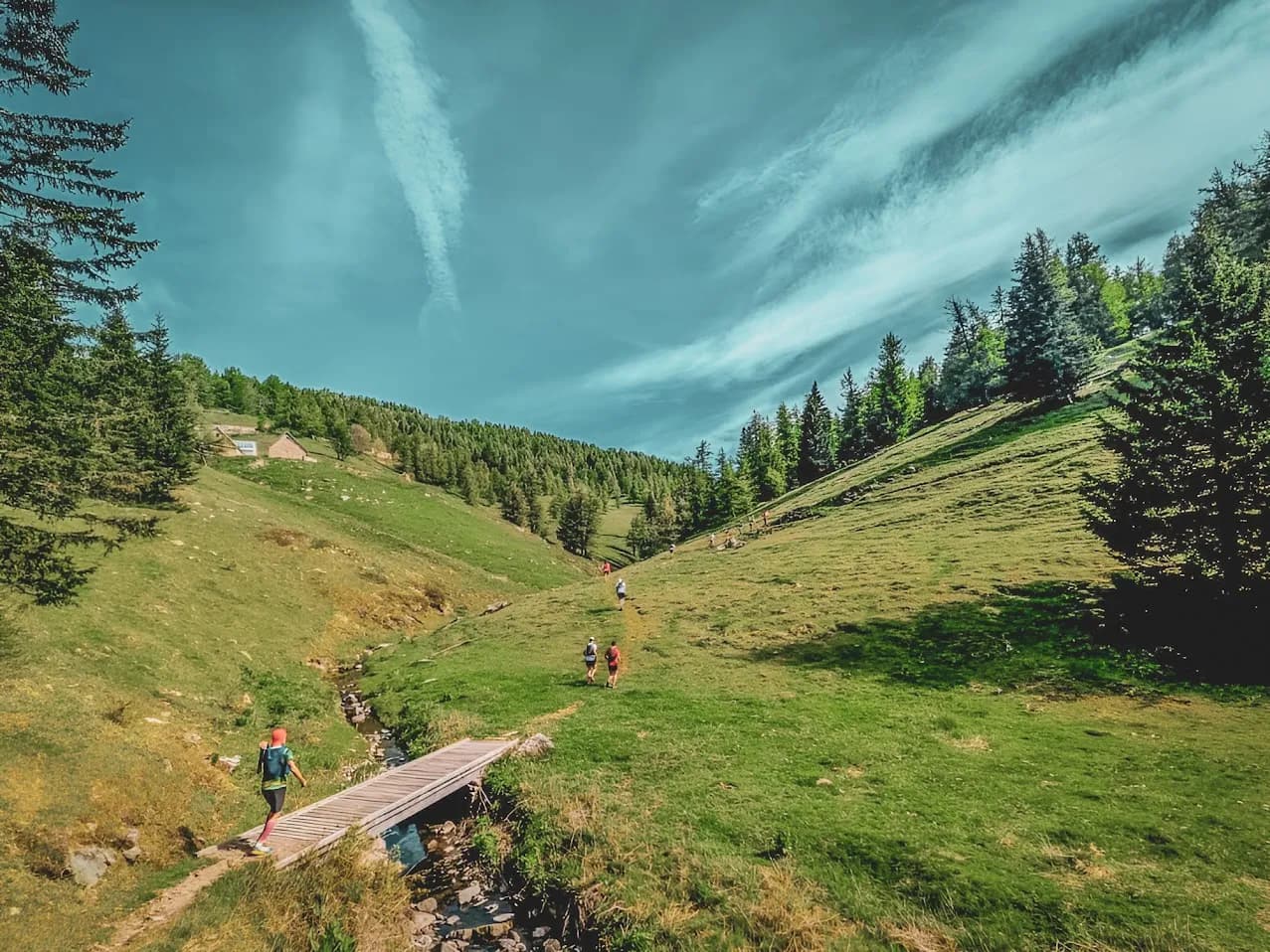 Un sentier verdoyant traversé par un ruisseau, sous un ciel bleu parsemé de nuages, invite à l'aventure.