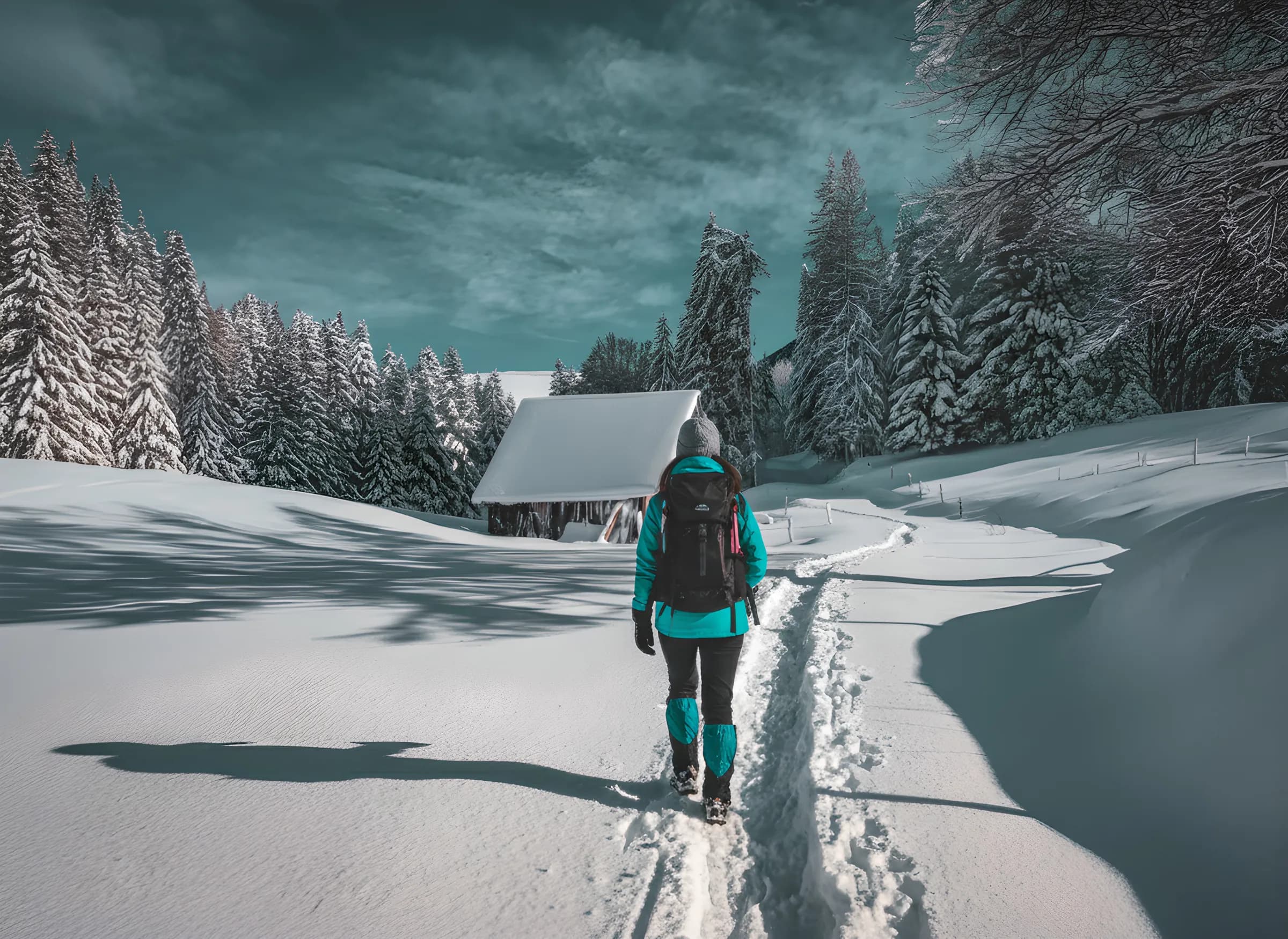 Une randonneuse s'aventure dans un paysage enneigé, entourée de sapins majestueux.