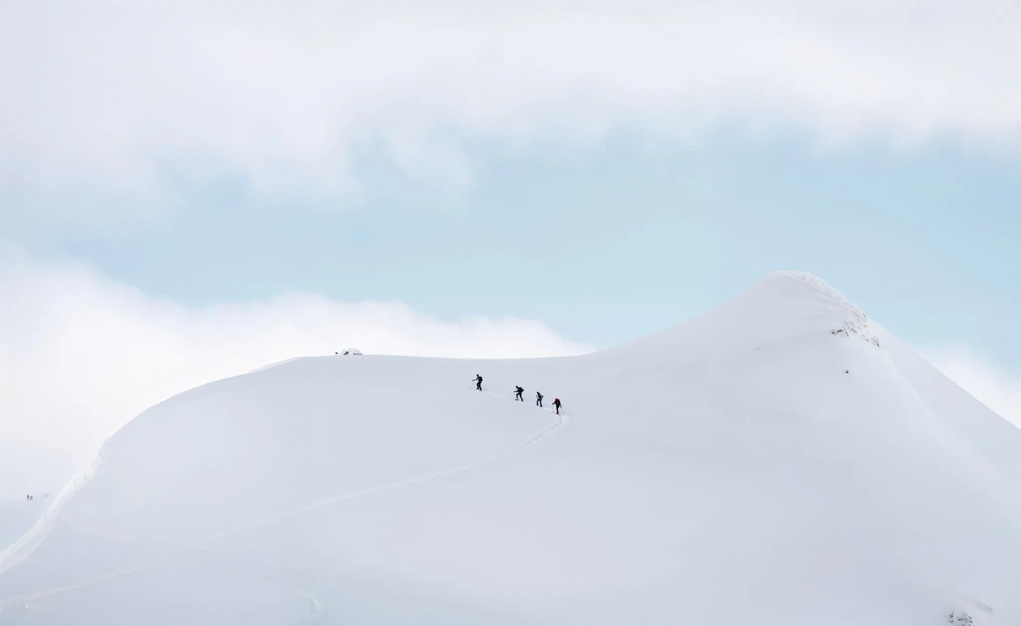 Un groupe de quatre alpinistes progresse sur un sommet enneigé, avec des pentes douces et un ciel partiellement nuageux en arrière-plan. La neige immaculée crée un contraste saisissant avec les silhouettes des grimpe