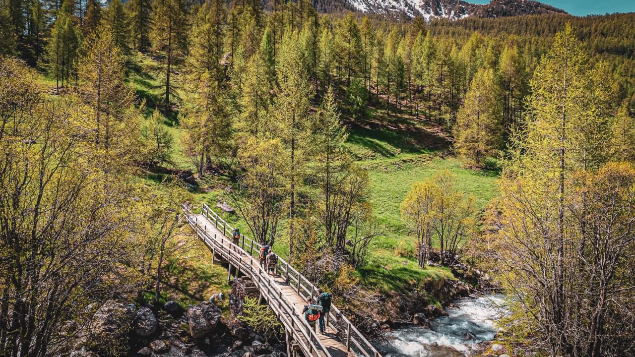 Pont en bois au-dessus d'une rivière, entouré de forêts verdoyantes et de montagnes ensoleillées.