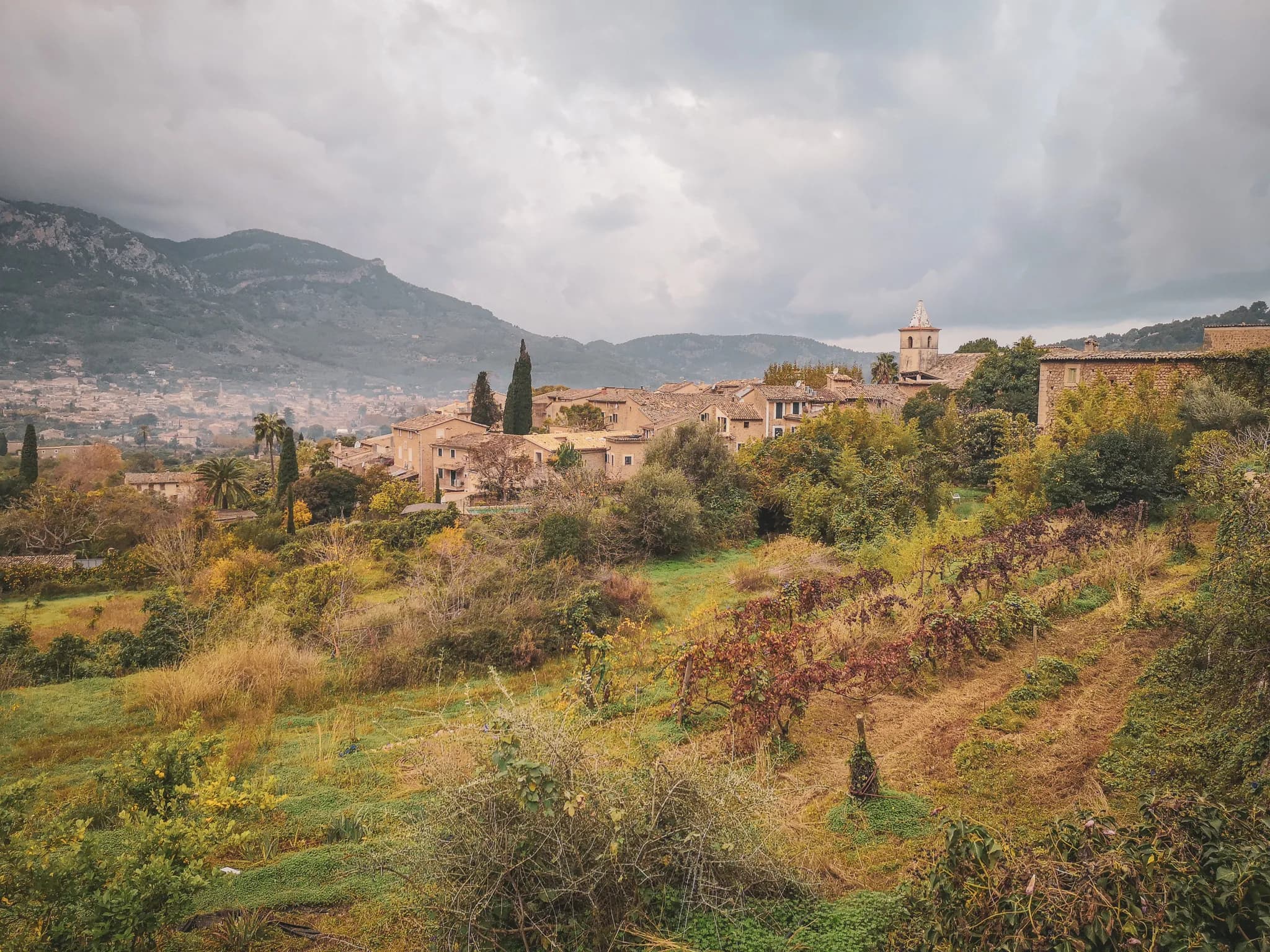 A picturesque view of a Majorcan village, surrounded by rolling hills and lush vineyards.