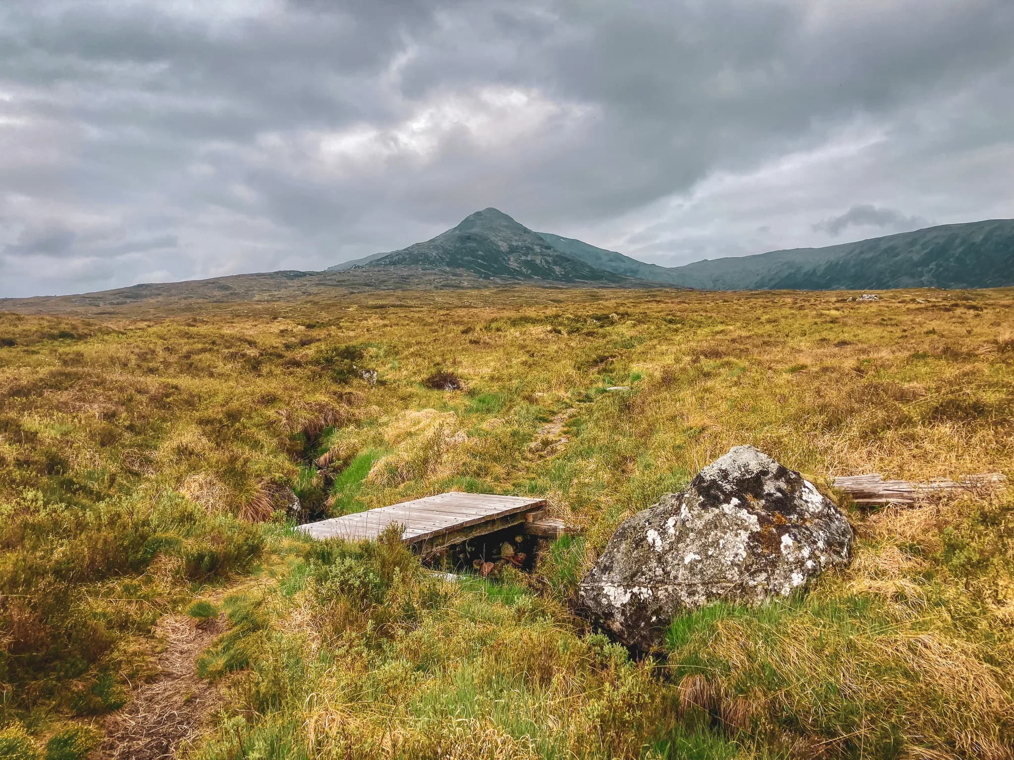 Een uitgestrekt Highlands-landschap met woeste bergkammen onder een bewolkte hemel, dat uitnodigt tot avontuur.
