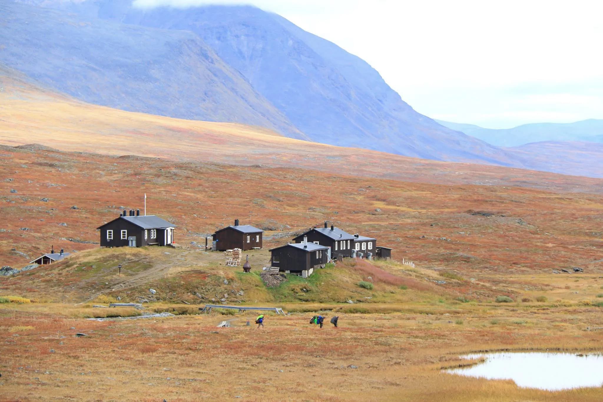 A mountain landscape with golden, green hills in the background, where a number of black wooden chalets stand. These buildings are set on a slight rise, surrounded by meadows of golden hues.
