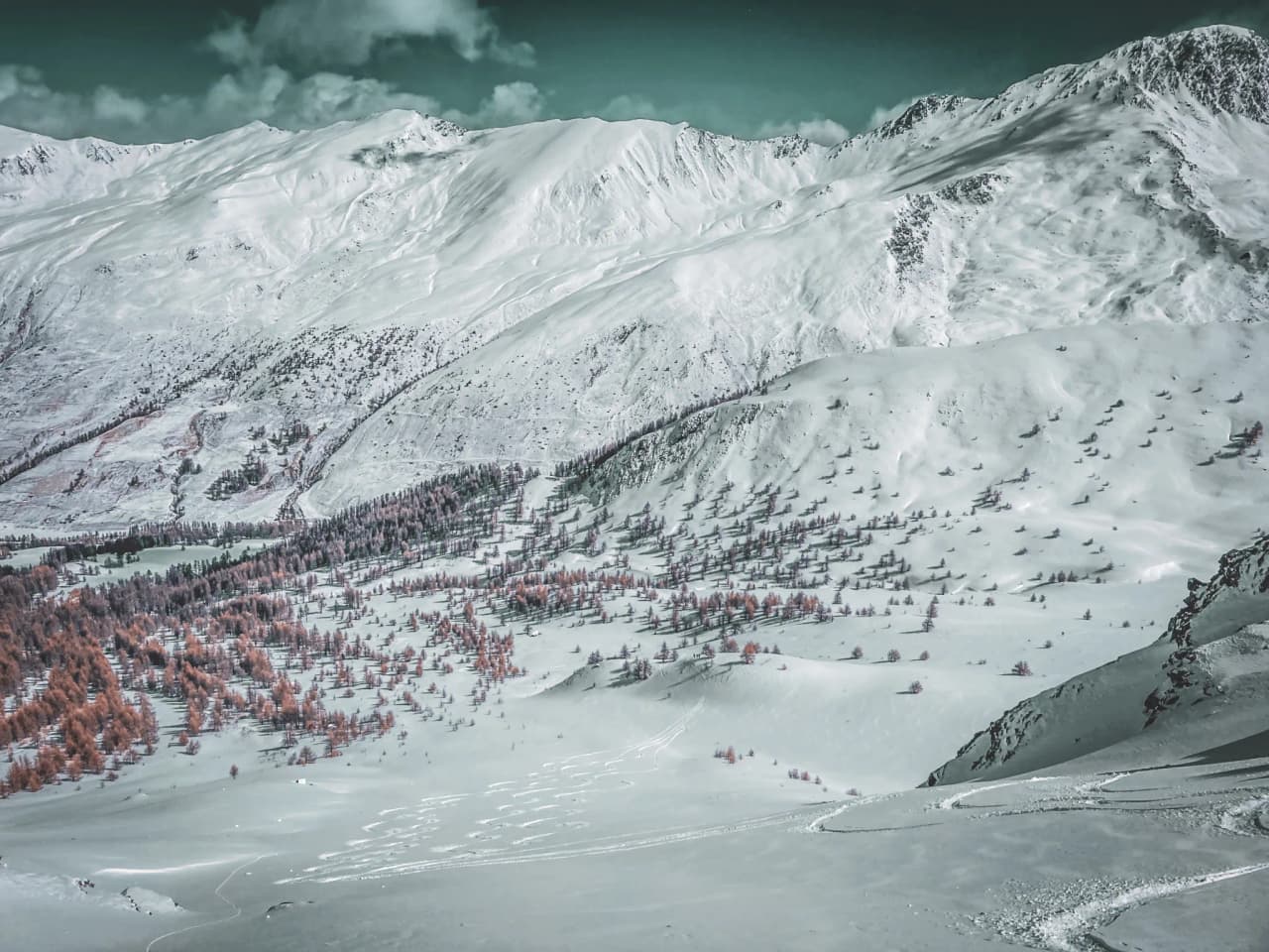 Snow-covered Alpine scenery, pine forests and majestic mountains, an invitation to snowshoe.