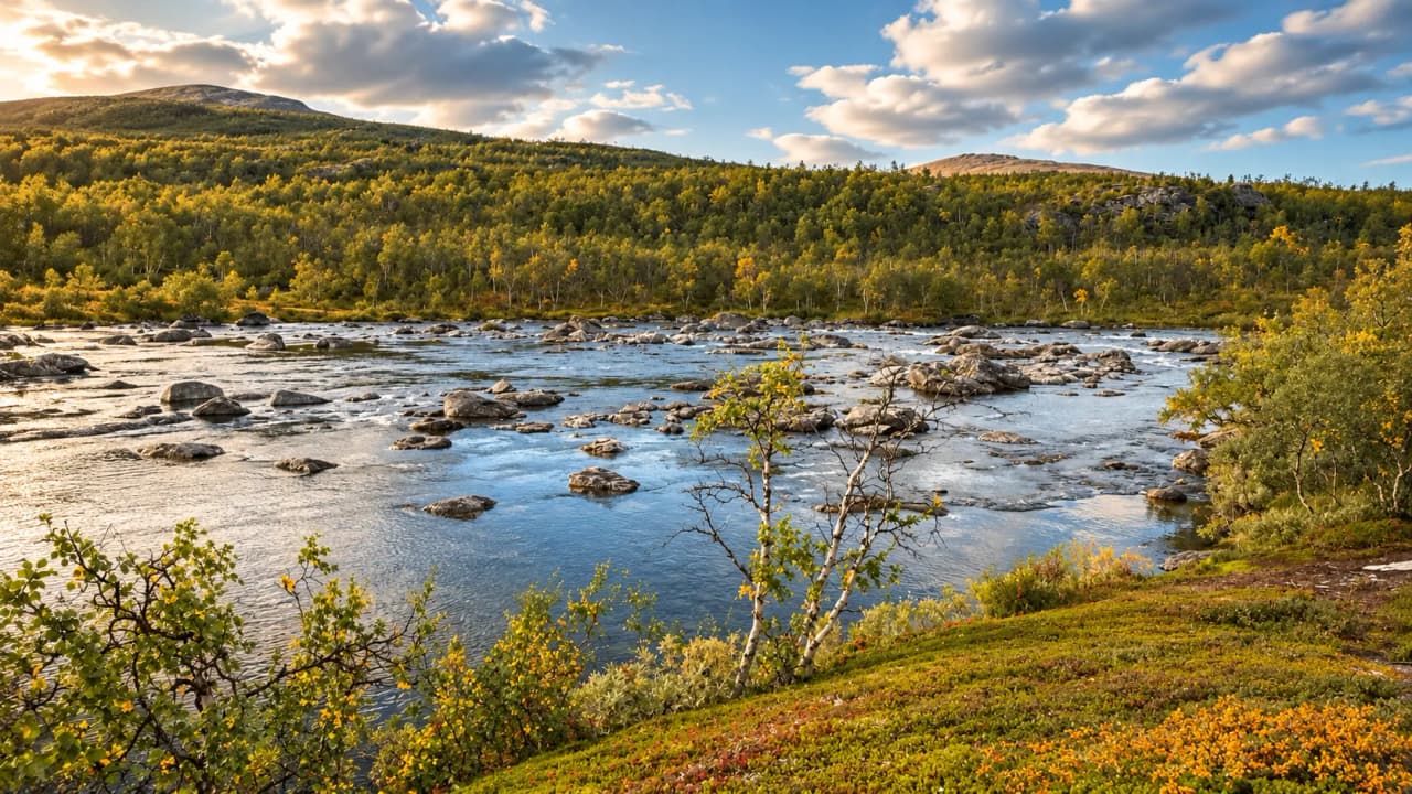 Un paysage enchanteur de Laponie, avec une rivière sinueuse, des rochers et des collines verdoyantes.