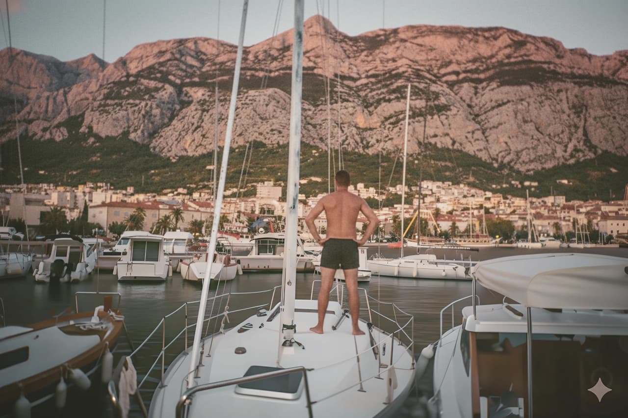 Un homme se tient sur un bateau de voile, admirant les montagnes au coucher du soleil en Corse.