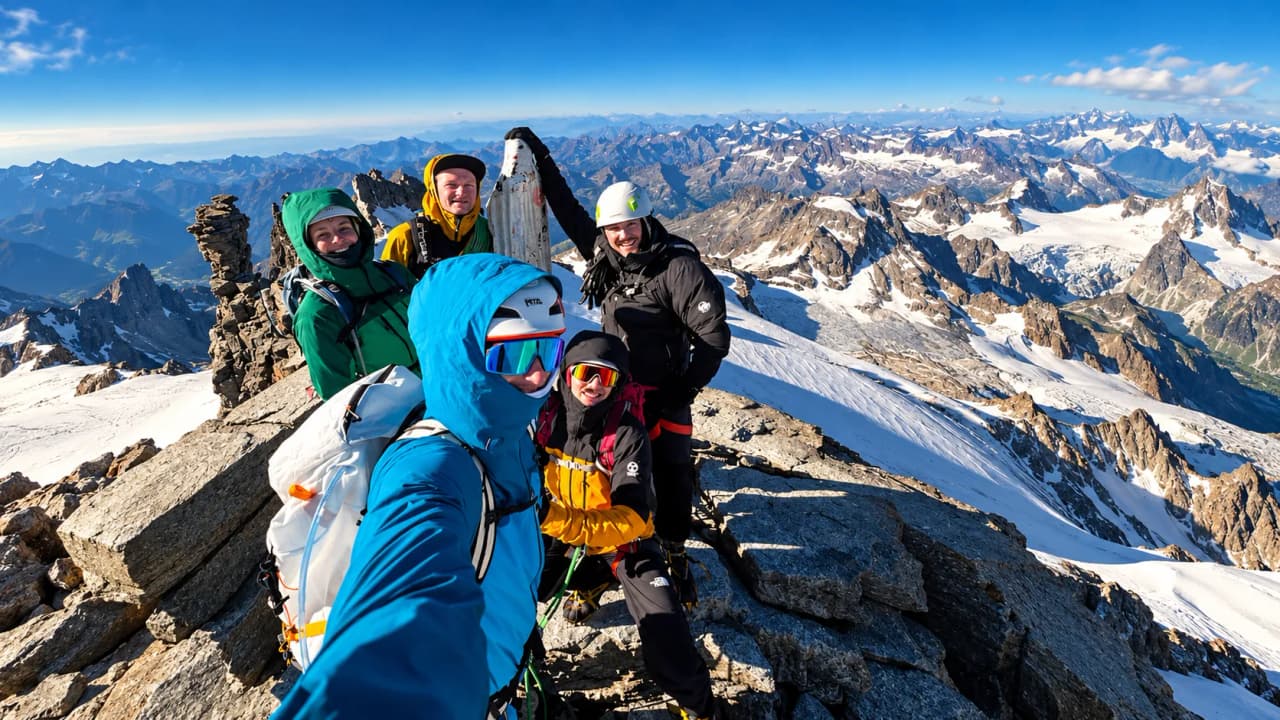 Cinq alpinistes souriants au sommet, entourés de paysages majestueux de montagnes enneigées.