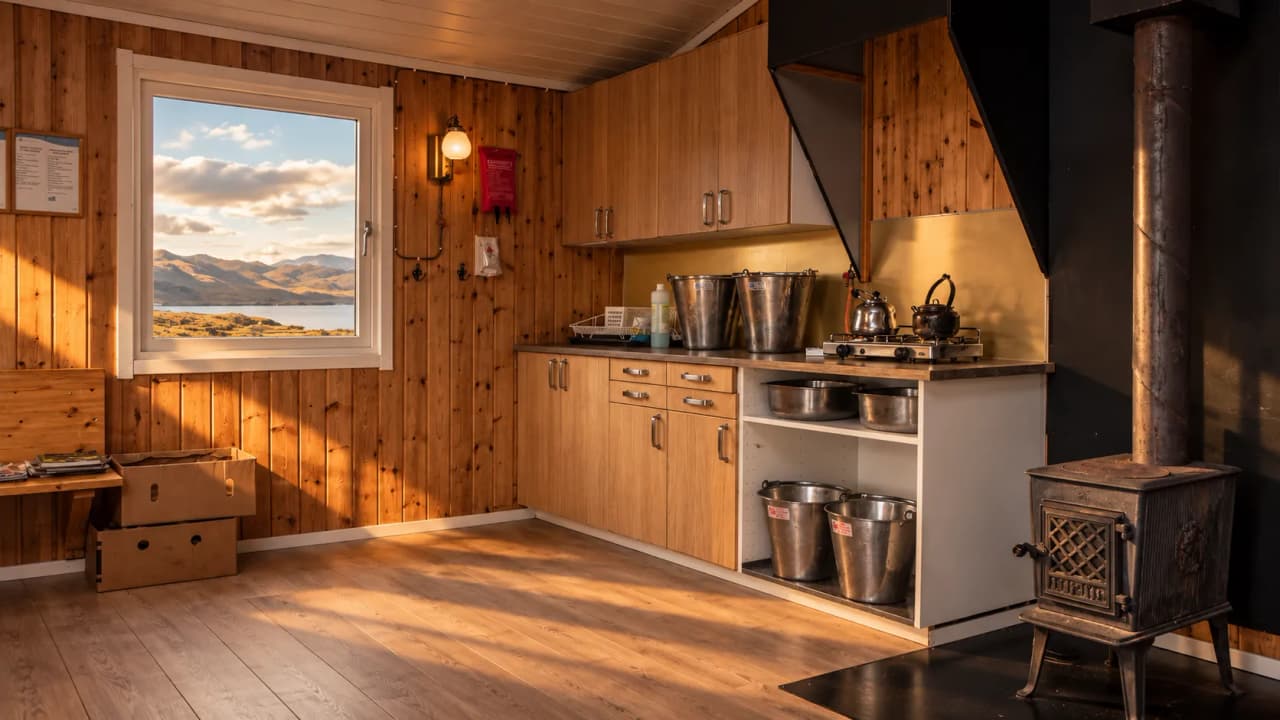 Une cuisine chaleureuse avec vue sur les montagnes et le lac, idéale après une randonnée en Laponie.