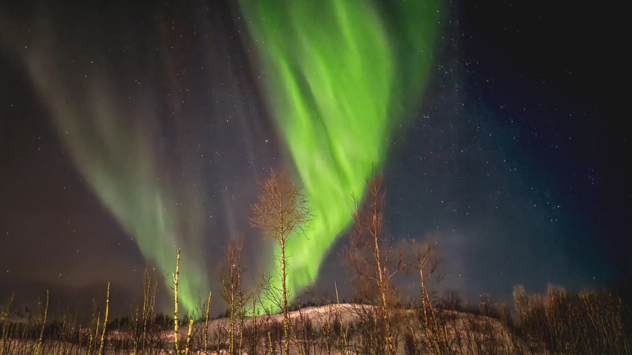 The Northern Lights in the starry sky, against a backdrop of snow in Swedish Lapland. Magical and enchanting.