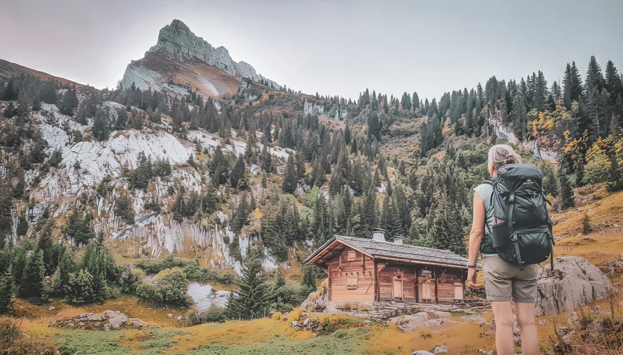 Een wandelaar bekijkt een Alpenchalet omringd door majestueuze bergen en bossen.