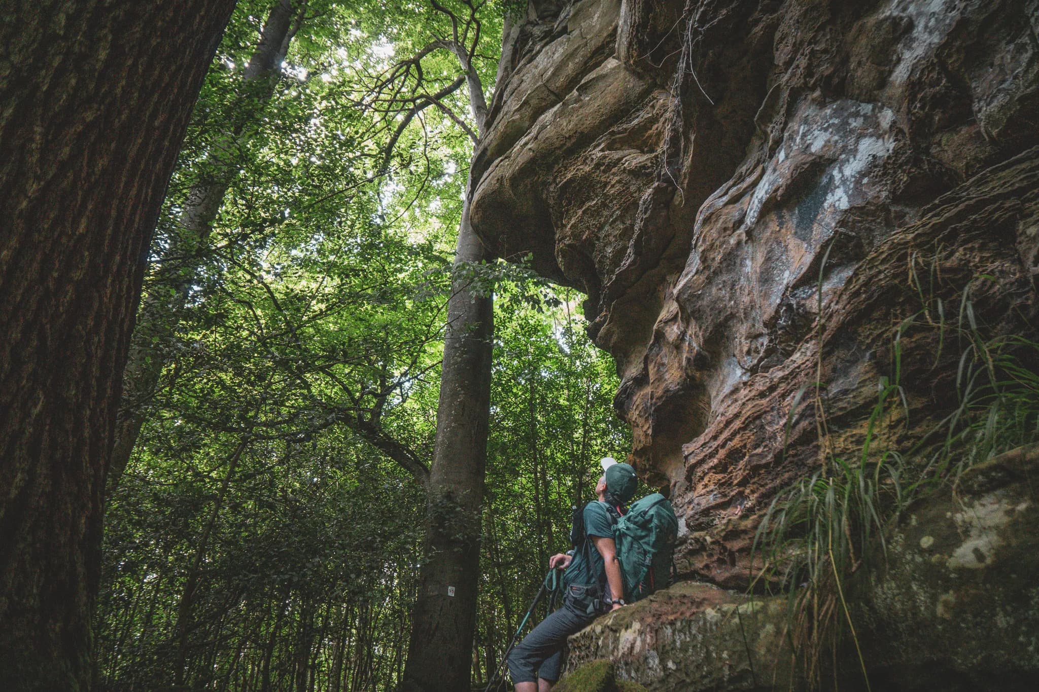 Een wandelaar bekijkt een prachtige rots onder groen gebladerte in Klein Zwitserland in Luxemburg.
