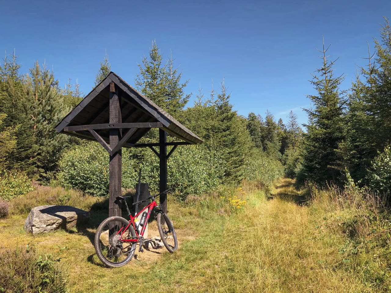 A wooden shelter with a pitched roof, set in a green clearing surrounded by trees. Next to the shelter, a red mountain bike is leaning against a rock, while a