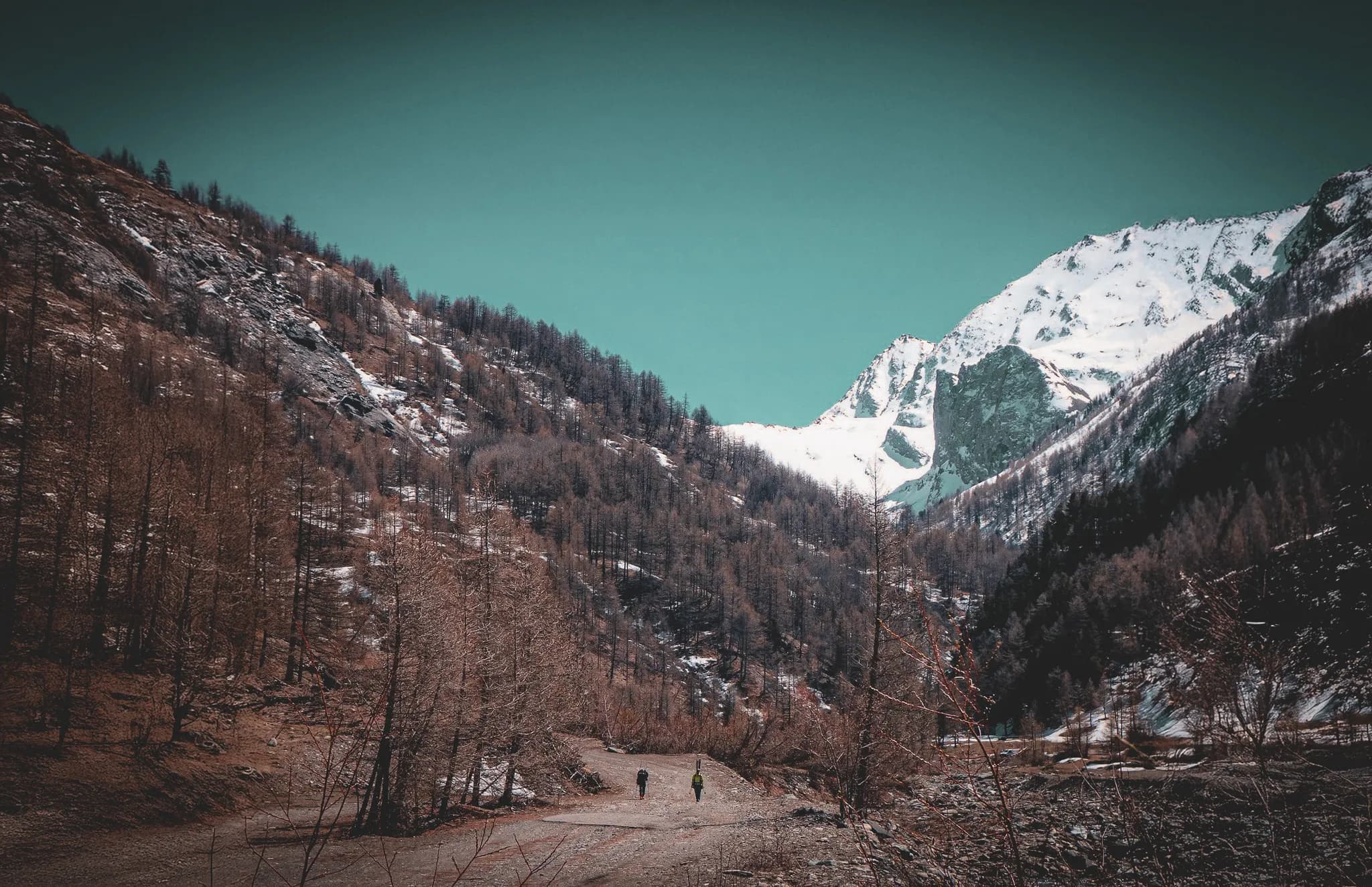 Randonnée au cœur des Alpes, deux randonneurs face à des sommets enneigés majestueux.