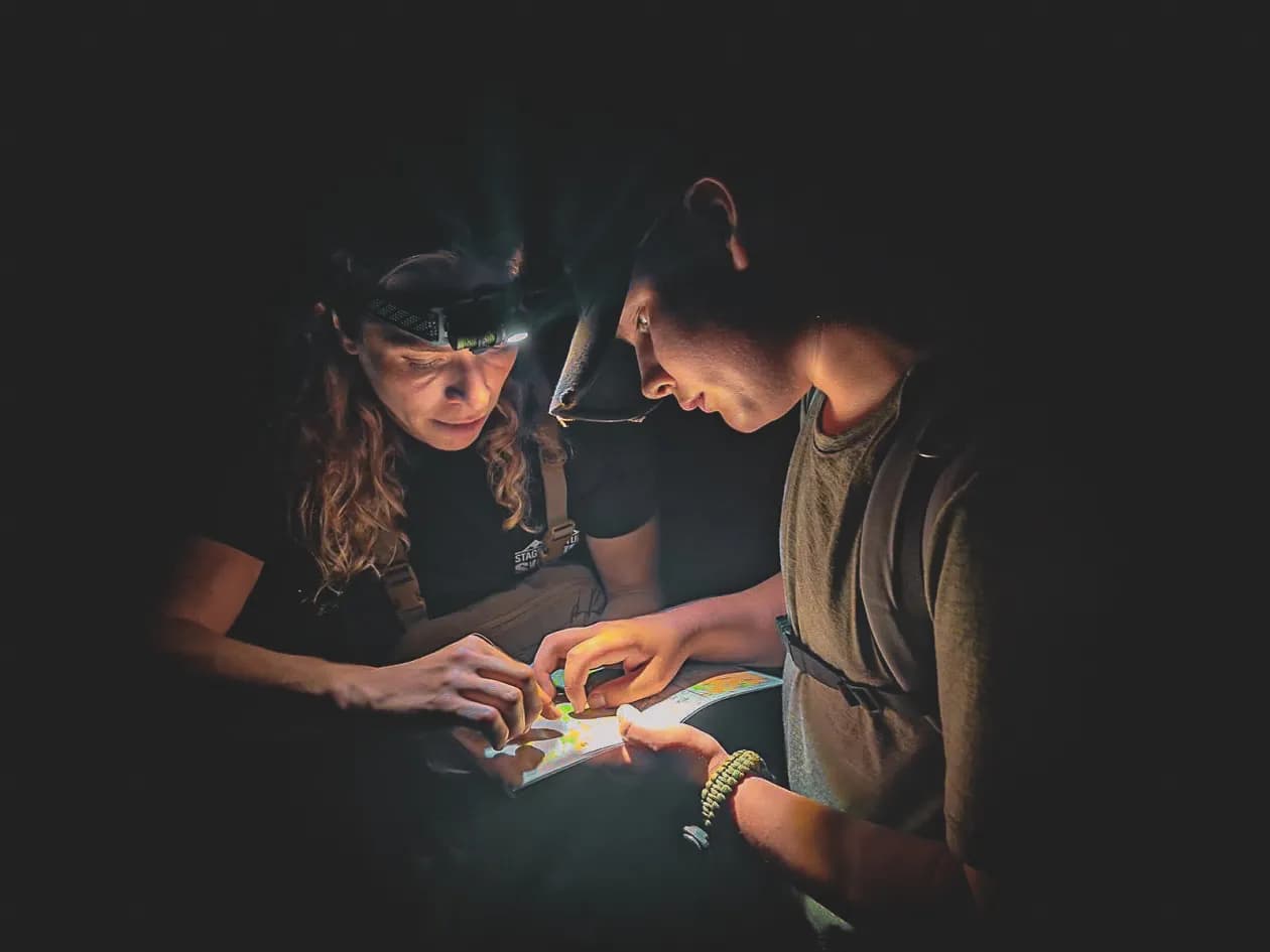 Twee mensen bestuderen een kaart bij koplamp, ondergedompeld in een nachtelijk avontuur.
