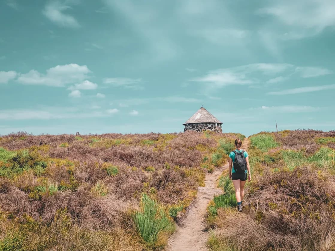 A hiker with a rucksack ventures along a green path towards a shelter in the middle of nowhere.