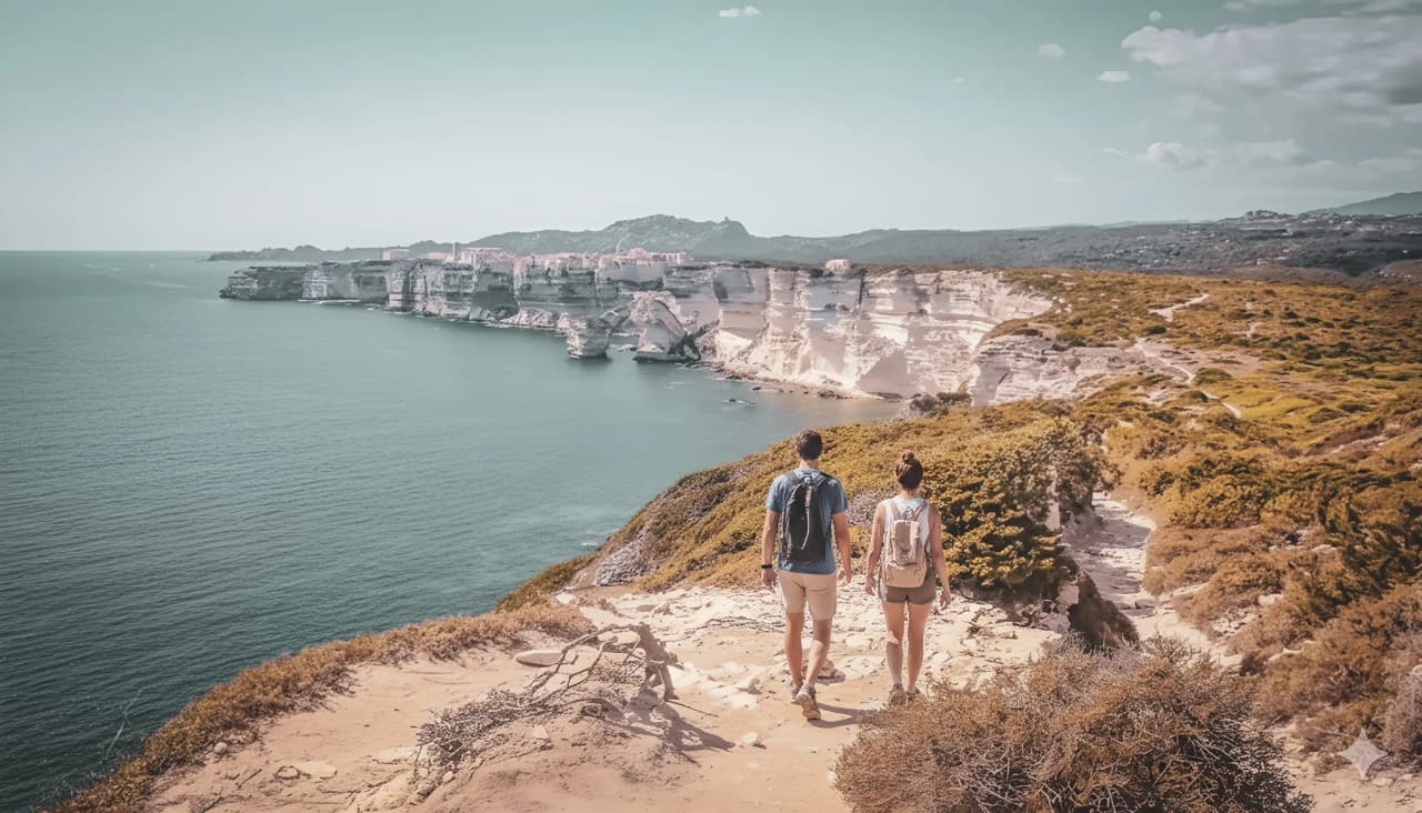 Un couple explore les côtes sauvages de Corse, avec des falaises majestueuses et une mer turquoise.
