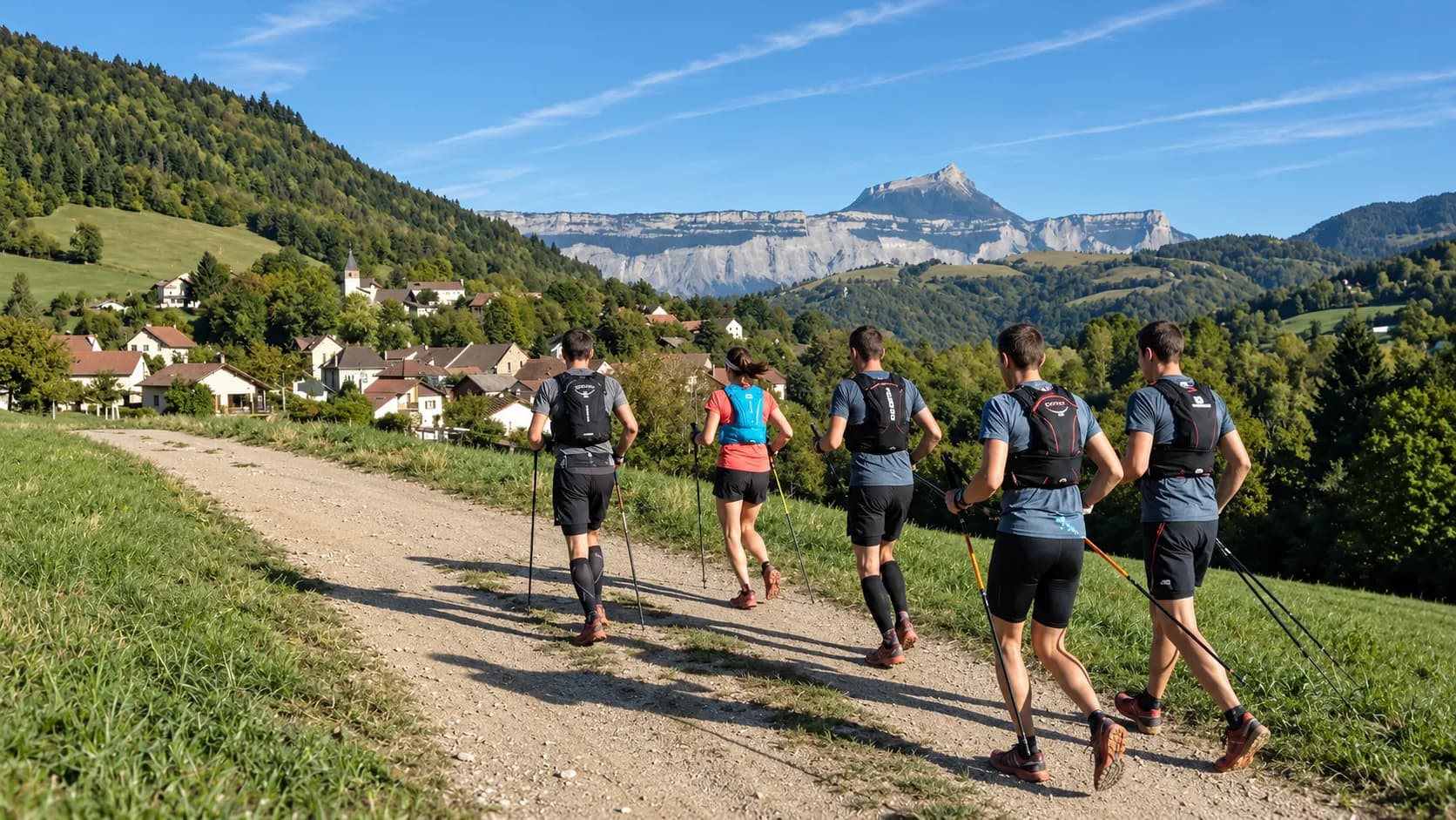Cinq coureurs explorent des sentiers verdoyants avec les massifs montagneux en arrière-plan.