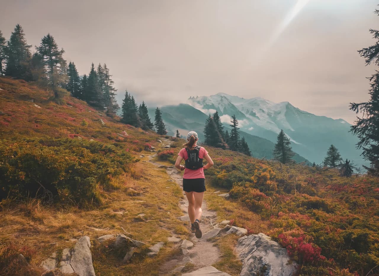 Une coureuse sur un sentier alpin entouré de paysages majestueux du Mont-Blanc.