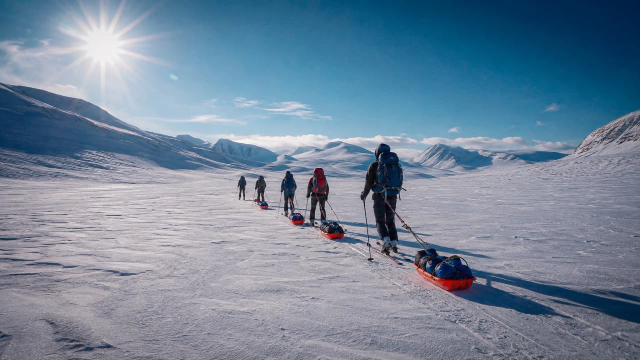 Een groep avonturiers op langlaufski’s die pulka’s voorttrekken door een uitgestrekt besneeuwd landschap in de zon.