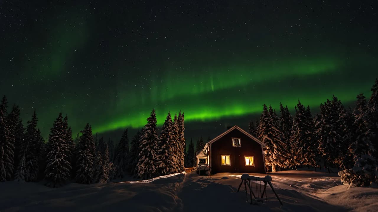 Maison isolée sous les aurores boréales, entourée de sapins enneigés en Laponie magique.