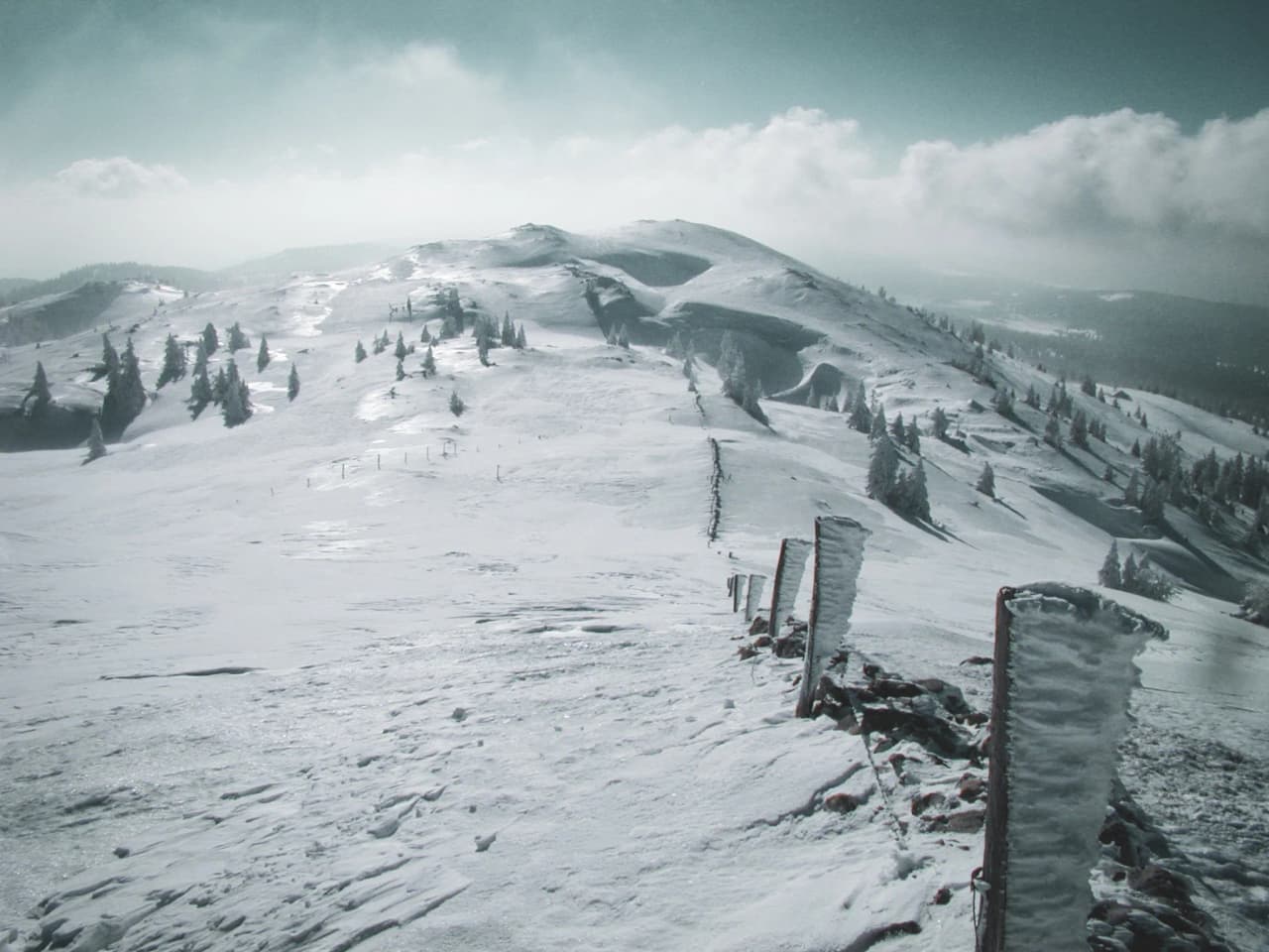 Un paysage enneigé du Jura, avec des arbres, des collines et un ciel dramatique. Évasion garantie.
