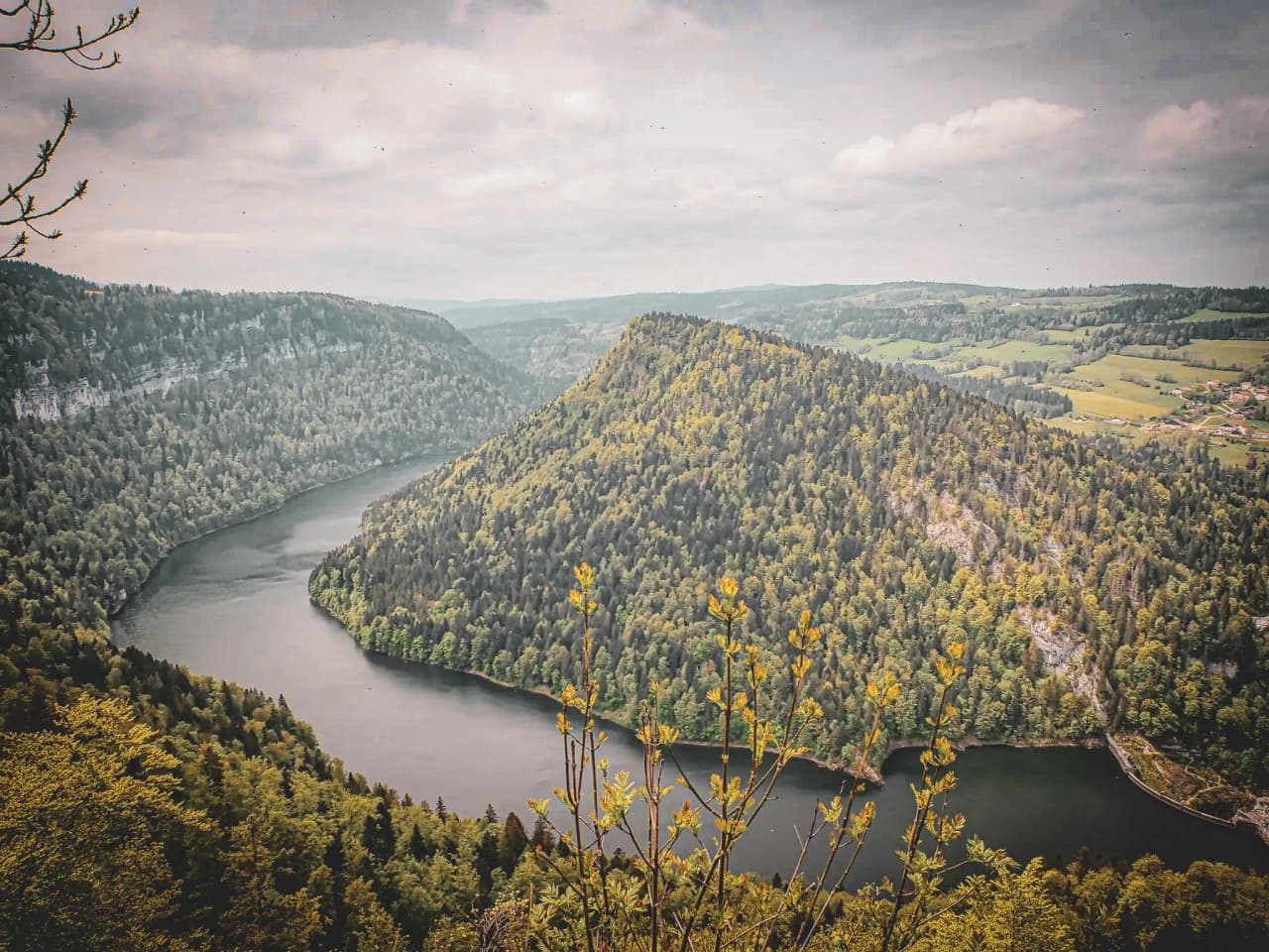 Panoramisch uitzicht op een meer omringd door groene bossen en majestueuze heuvels in de Jura.