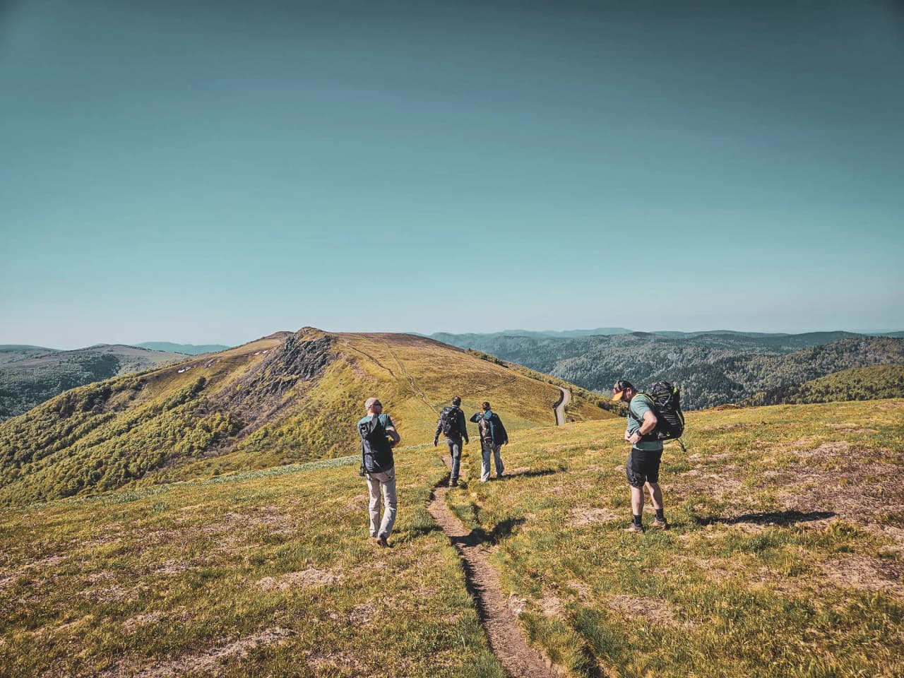 Groupe de randonneurs explorant les crêtes des Vosges, au cœur d'un paysage verdoyant et panoramique.