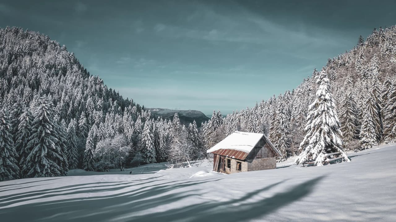 Un charmant chalet enneigé entouré de forêts dans le massif des Bauges, invitation à l'évasion.