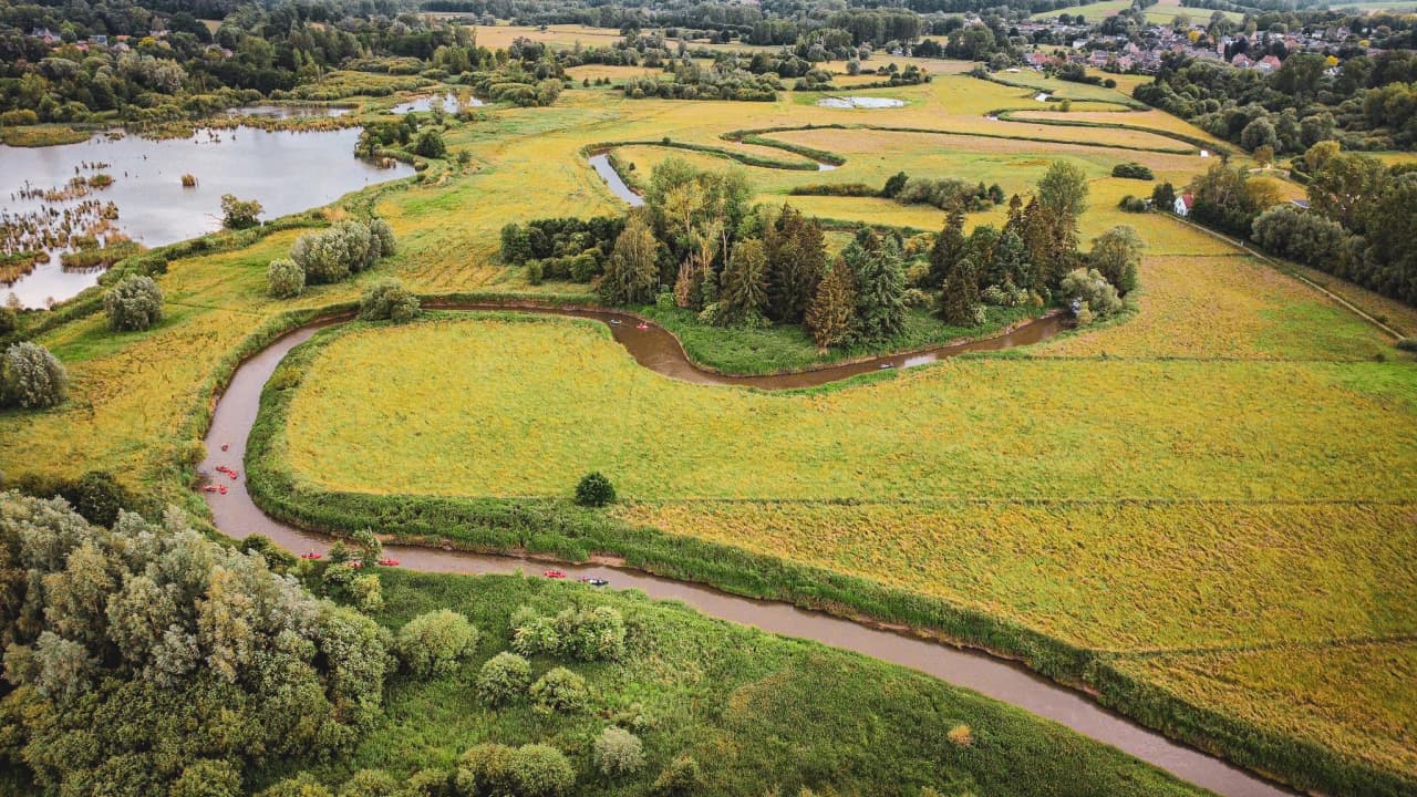 Een groen landschap, kronkelende rivieren en kajaks, perfect voor een avontuur in de wildernis.