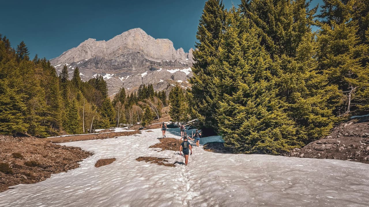 Een groep wandelaars op een besneeuwd pad, met de Mont Blanc als majestueuze achtergrond.