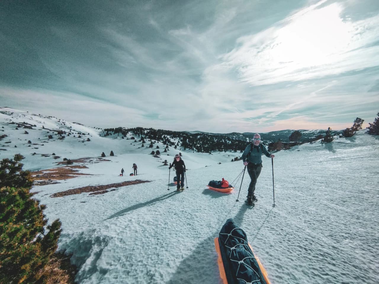 Groups of hikers on snowshoes crossing a snowy landscape in the Vercors, under a soft blue sky.